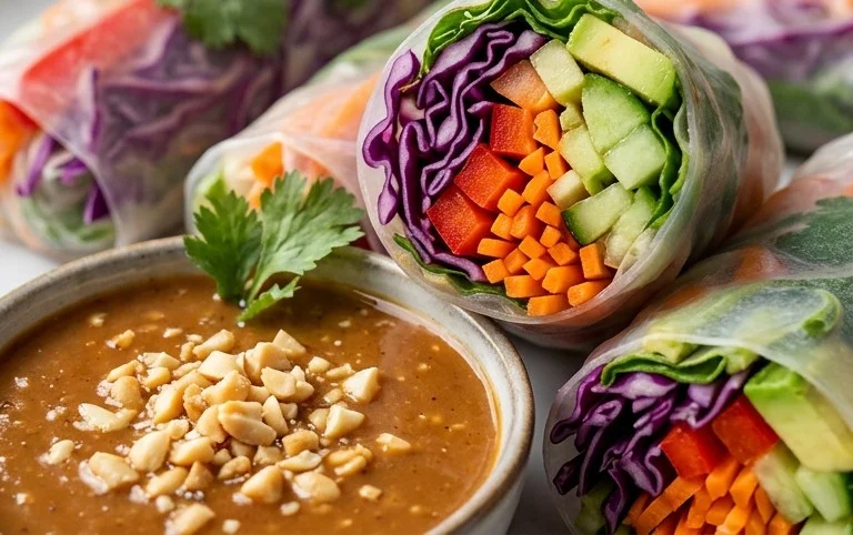 Rainbow Spring Rolls with Gin Extractger Peanut Sauce