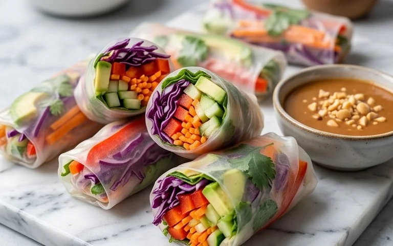 Rainbow Spring Rolls with Gin Extractger Peanut Sauce