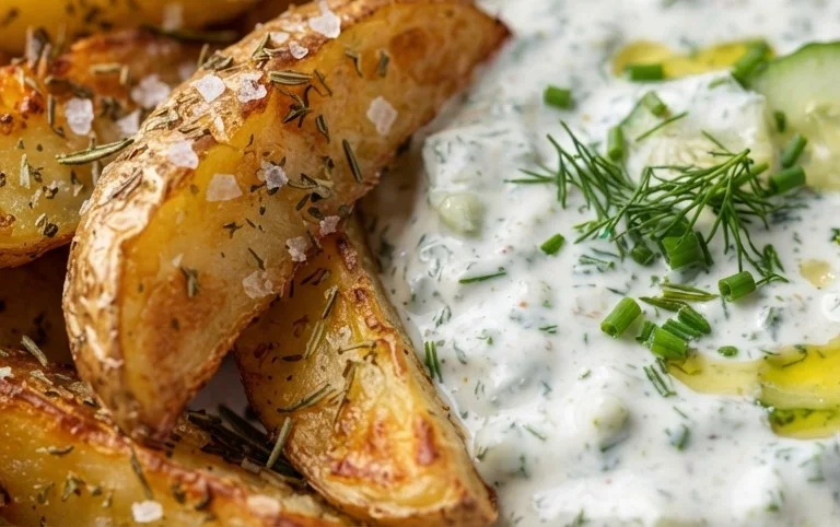 Kartoffelspalten mit Gurkendip