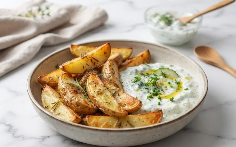 Kartoffelspalten mit Gurkendip