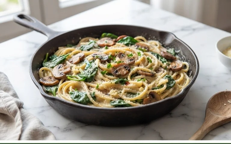 One-Pot Garlic Parmesan Pasta with Spinach and Mushrooms