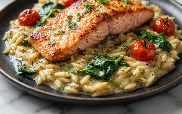 One Skillet Salmon with Lemon Orzo