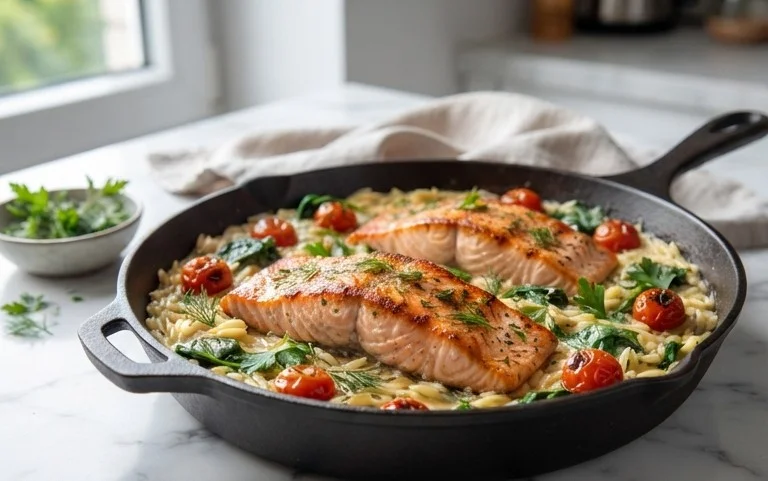One Skillet Salmon with Lemon Orzo